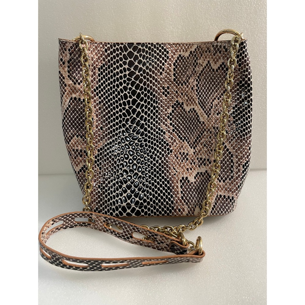 Sondra Roberts Squared Snakeskin Print Crossbody Bucket Bag Brown Tan Gold Chain